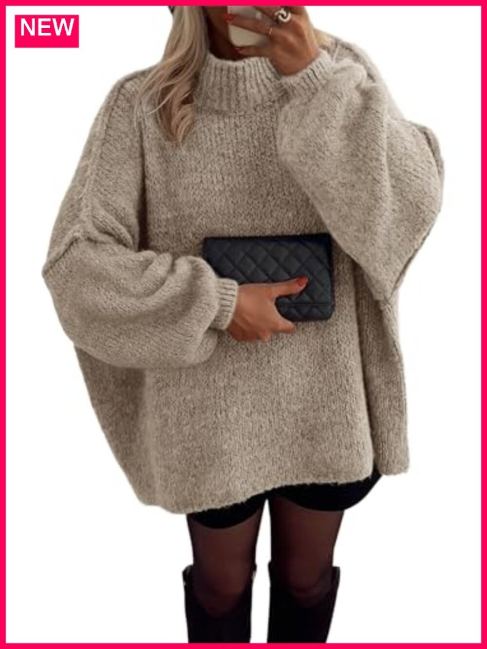 Oversized Chunky Knit Mock Neck Pullover Sweater Drop Shoulder